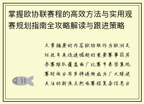 掌握欧协联赛程的高效方法与实用观赛规划指南全攻略解读与跟进策略
