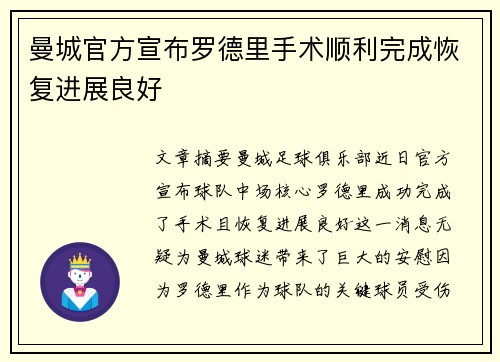 曼城官方宣布罗德里手术顺利完成恢复进展良好 曼城官方宣布罗德里手术顺利完成恢复进展良好